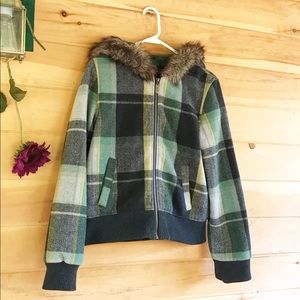 Rue 21 hooded plaid faux fur crop jacket